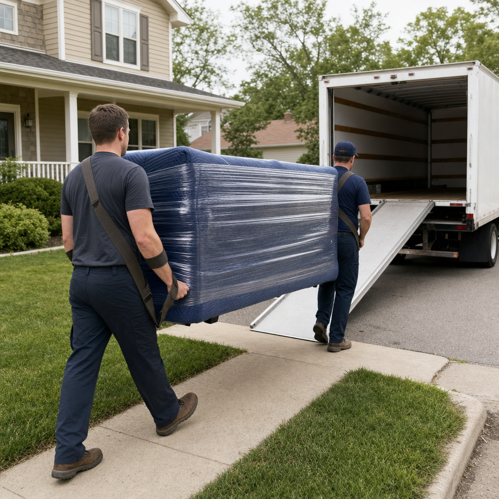 Uniformed Moreno Valley moving crew carrying a shrink-wrapped sofa down a residential walkway toward an open box-truck ramp